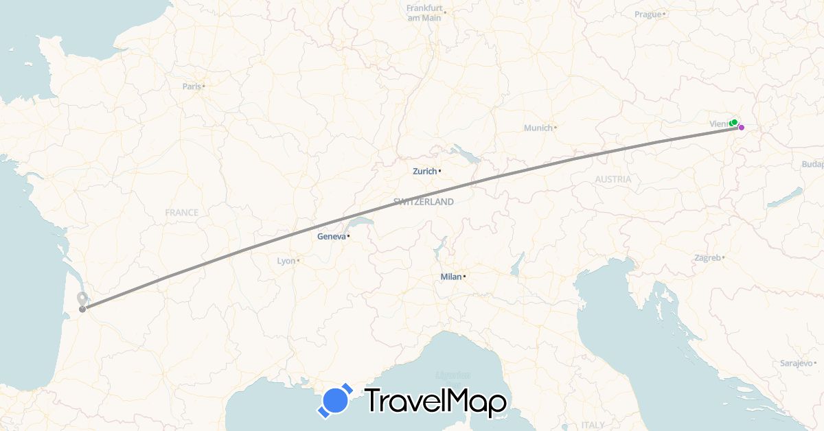 TravelMap itinerary: driving, bus, plane, train, hiking in Austria, France (Europe)