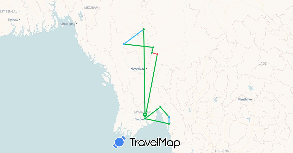 TravelMap itinerary: bus, plane, hiking, boat in Myanmar (Burma) (Asia)