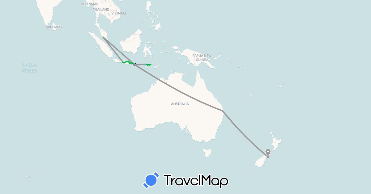 TravelMap itinerary: driving, bus, plane, boat, motorbike in Australia, Indonesia, Malaysia, New Zealand (Asia, Oceania)