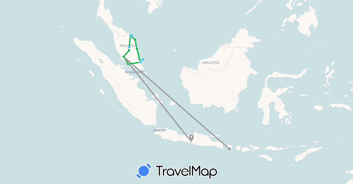 TravelMap itinerary: driving, bus, plane, boat in Indonesia, Malaysia (Asia)
