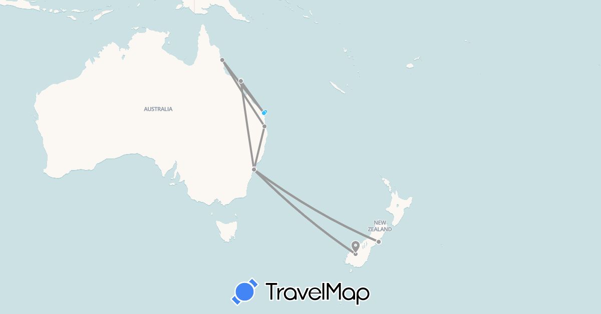 TravelMap itinerary: driving, plane, train, boat in Australia, New Zealand (Oceania)