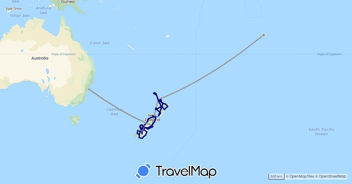 TravelMap itinerary: driving, plane, boat in Australia, France, New Zealand (Europe, Oceania)