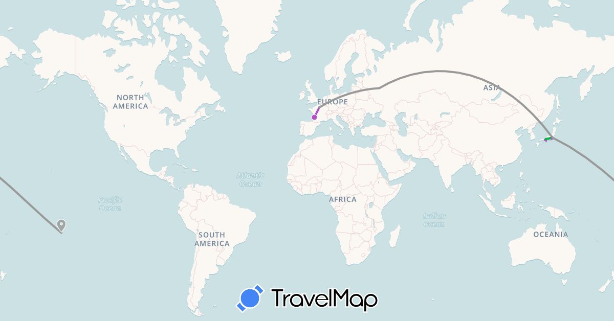 TravelMap itinerary: driving, bus, plane, train in France, Japan, Russia (Asia, Europe)