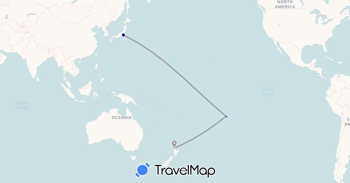 TravelMap itinerary: driving, plane, boat in France, Japan, New Zealand (Asia, Europe, Oceania)